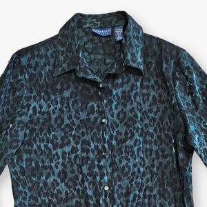 Karen Scott Button Up Top Size P M Woman Green Cheetah Print Long Sleeve  Shirt
